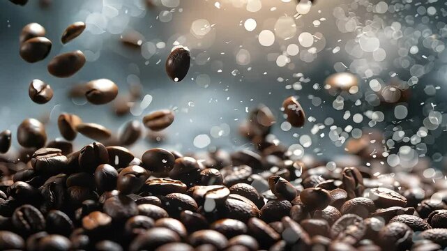 Aromatic roasted coffee beans captured in mid-air, falling into a pile with a dynamic, sparkling bokeh background for a cafe.