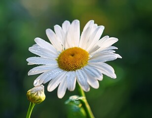 Obraz premium white daisy flower with water droplets and closed bud on green blurred background