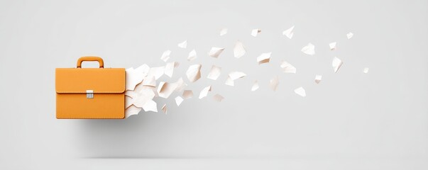 financial trouble unemployment stress concept. A briefcase dispersing paper, symbolizing ideas or deadlines.