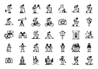 Seamless Pattern of Outdoor Activities and Leisure Pursuits in Black and White Line Art Style