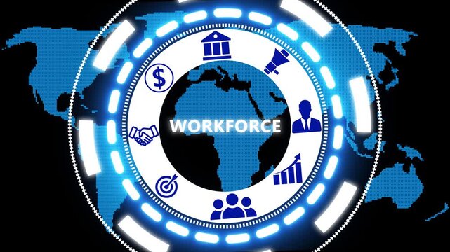 Business Workforce  button on a clear projection screen a futuristic holographic advanced HUD circle platform.  Business, Technology network with 4k video. 