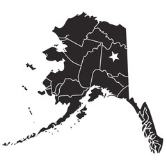 Black and white silhouette map of Alaska with internal borders and a star marking a location.
