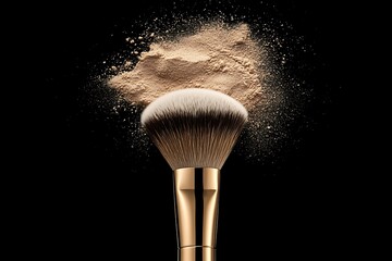 Golden Makeup Brush with Beige Loose Powder Explosion Isolated on a Black Backdrop