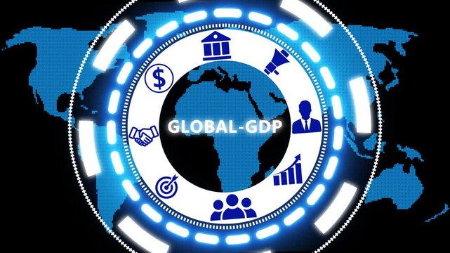 Business Global GDP  button on a clear projection screen a futuristic holographic advanced HUD circle platform.  Business, Technology network with 4k video. 