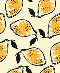 A pattern of decorative, delicious lemons on a light yellow background.