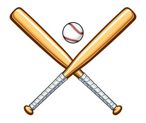 simple classic baseball 2 twin crossed baseball bats wood with cartoon shaded base ball vector isolated on transparent background