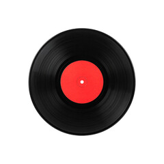 Fototapeta premium Classic black vinyl record with bright red label on transparent background