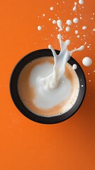 Milk Splashing into Black Bowl on Orange Background Creates Dynamic Fluid Art Image