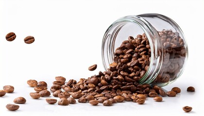 roasted coffee beans falling into a glass jar on white background