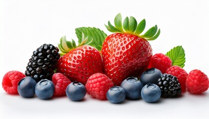 Obraz premium vibrant fresh assorted berries including strawberries blueberries raspberries and blackberries against a white background