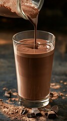 Pouring Chocolate Milk Into Glass Decadent Beverage with Chunks and Powdered Chocolate