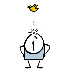 Funny disgruntled stickman looks up. Vector illustration of a bird flying and pooping on a stickman, the boy does not believe in omens, condemns the animal in the sky.