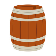 Wooden barrel with metal bands for storage or aging beverages. Flat vector isolated illustration