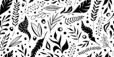 Hand drawn plant elements, leaves and vegetation, seamless pattern, isolated on a white background, vector design