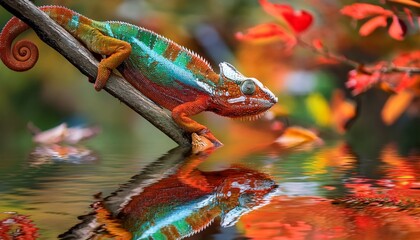 colorful chameleon hunting on a branch over still water surrounded by blurred autumn foliage