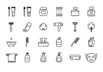 Minimalist Personal Care Icons Set in Black and White Outline Style Depicting Everyday Hygiene and Beauty Essentials