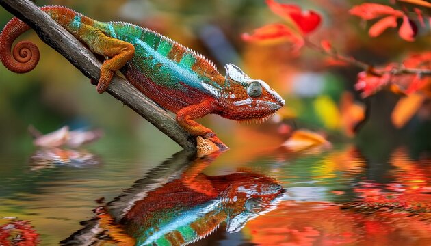 colorful chameleon hunting on a branch over still water surrounded by blurred autumn foliage - Powered by Adobe