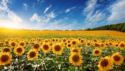 Fototapeta premium sunflowers blooming in golden field under bright blue sky