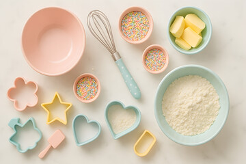 Pastel baking ingredients and tools arranged on a white surface, ready for baking session