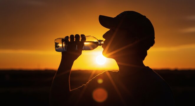 Silhouette thirst quench Suns glow on man drinking water Summer time.
