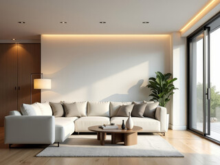 Salon contemporain baigné de lumière naturelle avec canapé beige, déco minimaliste et plantes vertes