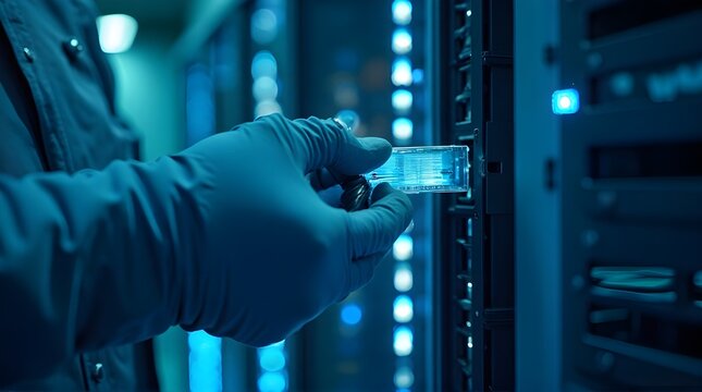 Technician working with server equipment in data center, IT professional