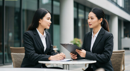 Asian Businesswomen Discuss Strategy Outdoors Modern Collaboration.