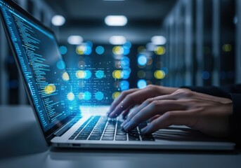 Close up of hands typing on a laptop with glowing code displayed on the screen in a modern data center environment