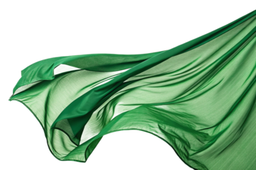 A photograph of green cloth fluttering in the wind. Three-dimensional. Glossy. Dynamic.