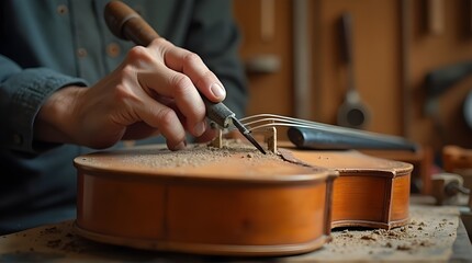 Luthier crafting a violin in a workshop, handmade instrument repair