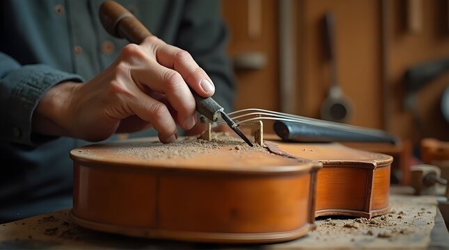 Luthier crafting a violin in a workshop, handmade instrument repair