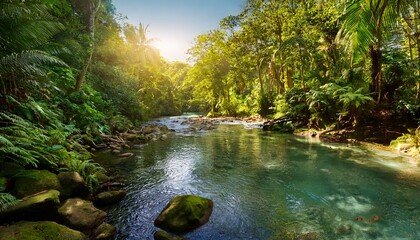 Obraz premium a serene tropical landscape featuring a crystal clear river flowing through lush greenery and vibrant foliage illuminated by soft sunlight