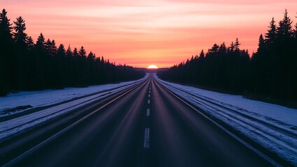 Long empty road through a winter forest at sunset