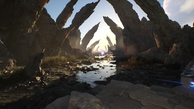A game character with a sharp sword stands in a mystical epic location. 3D render