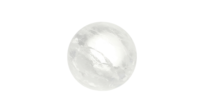 Natural clear quartz crystal sphere or gemstone ball isolated on white background.