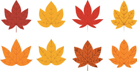 Autumn leaves, maple leaves vector set in red, orange, and yellow