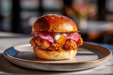 A delicious fried chicken burger with radish, caviar, and sauce on a sesame bun, presented on a plate, perfect for a gourmet meal in a restaurant setting.