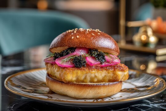 A gourmet burger with seared foie gras, caviar, pickled onions, and dill on brioche served on a plate, close-up shot and high quality image.
