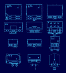 A low poly blueprint of a house on a blue background, featuring clean contour lines and detailed layout design. The minimalist style highlights architectural elements with geometric precision.