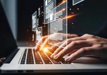 Hands typing on a laptop with glowing digital data streams and futuristic interface elements creating a tech concept