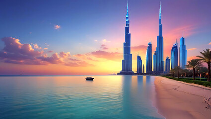 Sunset over the futuristic skyline of a coastal city