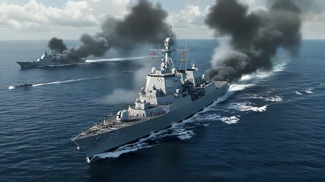 Naval warship engaging in combat with explosions and smoke on open sea during daytime