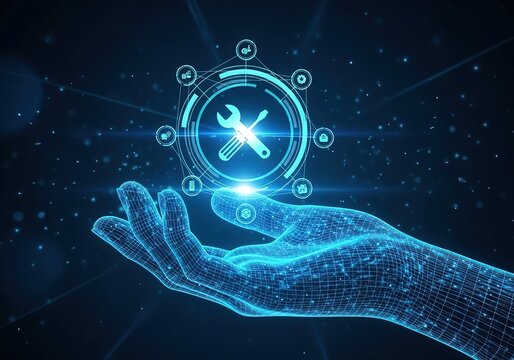 Futuristic digital hand presents a glowing wrench icon symbolizing innovation and technical support