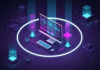 Futuristic isometric computer setup with neon glow and data visualization in a cyberpunk environment