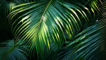 lush green tropical palm leaves are beautifully illuminated by soft light filtering through the dense canopy creating a dark and atmospheric jungle environment background