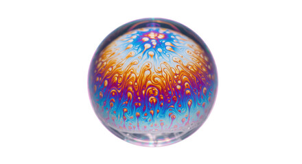 Obraz premium Iridescent glass paperweight with internal swirl, decorative crystal sphere with rainbow colors, artistic glass marble with abstract nebula pattern isolated PNG with Transparent Background