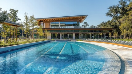 Eco-friendly public pools designed with sustainable materials, energy-efficient systems, natural filtration, community wellness focus, modern recreational architecture, and green building practices.