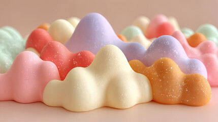 colorful, cloud-shaped confections with a smooth, glossy texture, scattered on a pastel background.