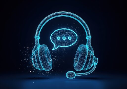 Futuristic neon blue digital headphones with speech bubble representing customer service and communication technology