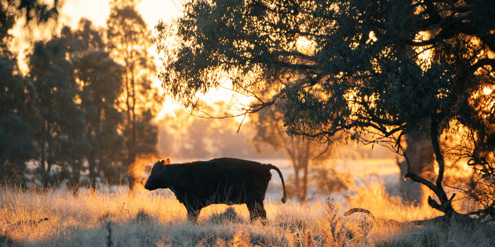 Steam rising from cow's mouth on frosty winter morning in warm sunshine